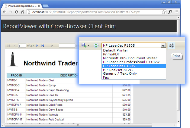 ASP.NET ReportViewer Custom Toolbar listing Installed Client Printers and Print button on Chrome