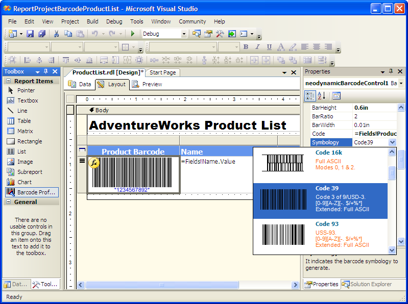 Screenshot for MS SQL Reporting Services Barcode .NET 7.0