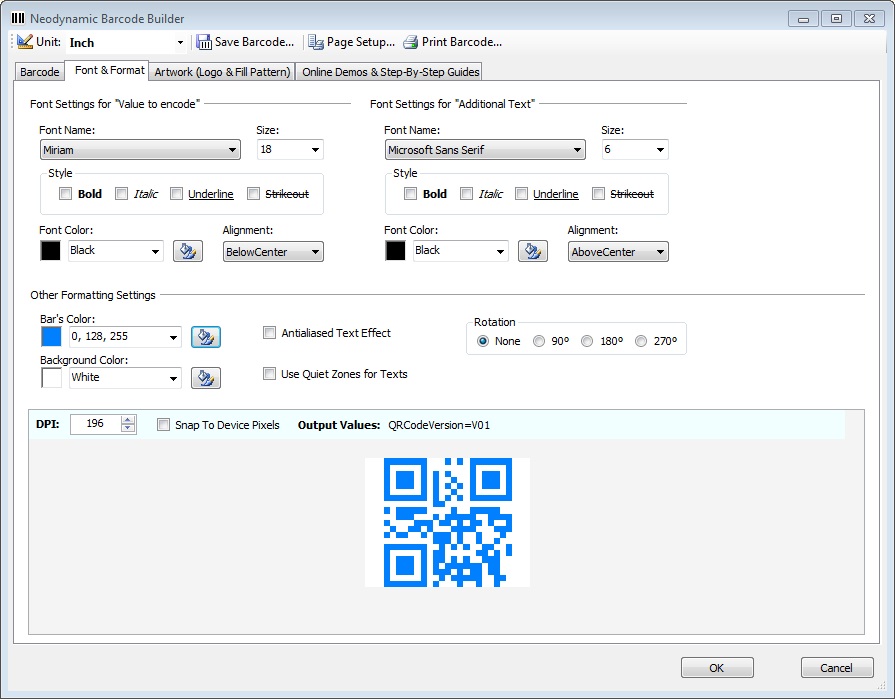 Barcode Settings - Font & Format tab