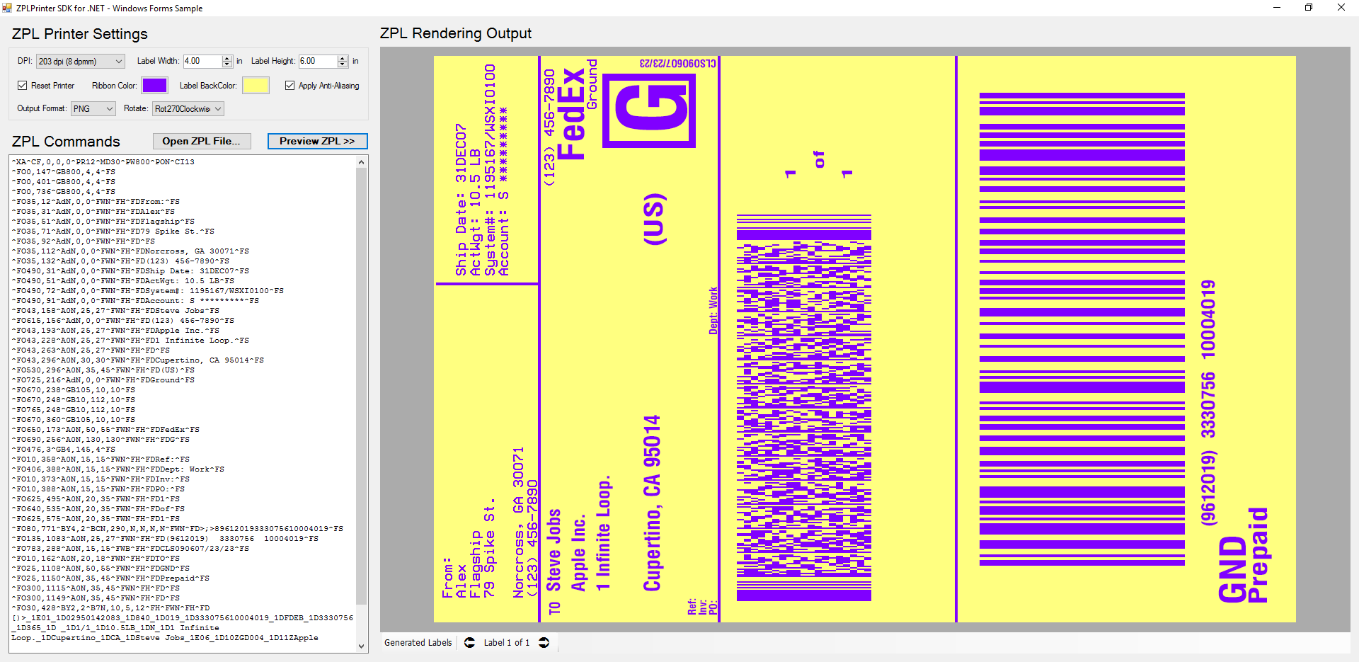 ZPL Printer Emulator SDK for Windows Forms - Colored Label Simulation