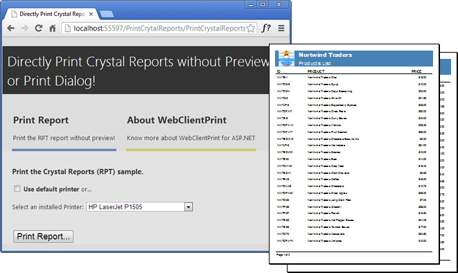 How to Directly a Crystal Reports to Default Client Printer from ASP.NET without Preview or