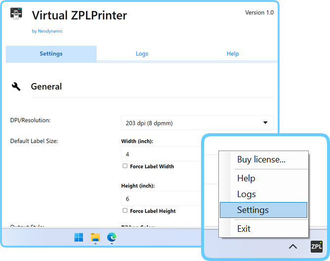 Virtual ZPL Printer Settings